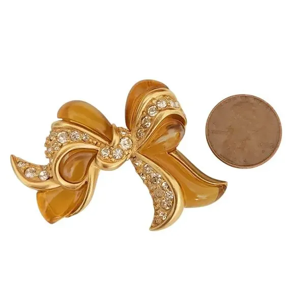 vtg NINA RICCI rhinestone crystal bow golden gold statement brooch pin signed - Picture 3 of 3